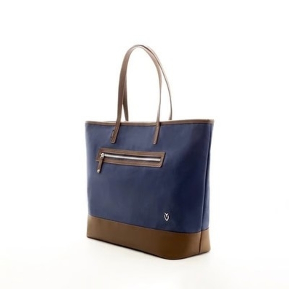 VESSEL Brown Blue Denim Canvas Leather Tote Bag Weekend Shoulder Zip Very Good - Picture 4 of 12
